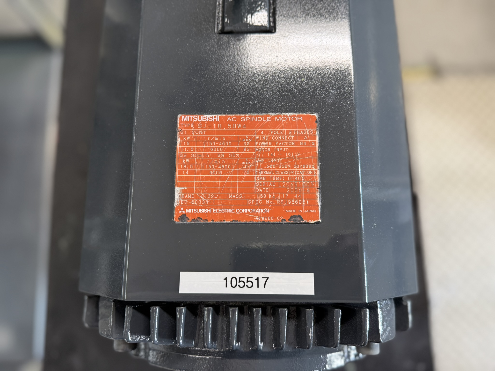Mitsubishi AC Spindle Motor SJ-18.5BW4 or SJ-18.5-BW4 Typenschild