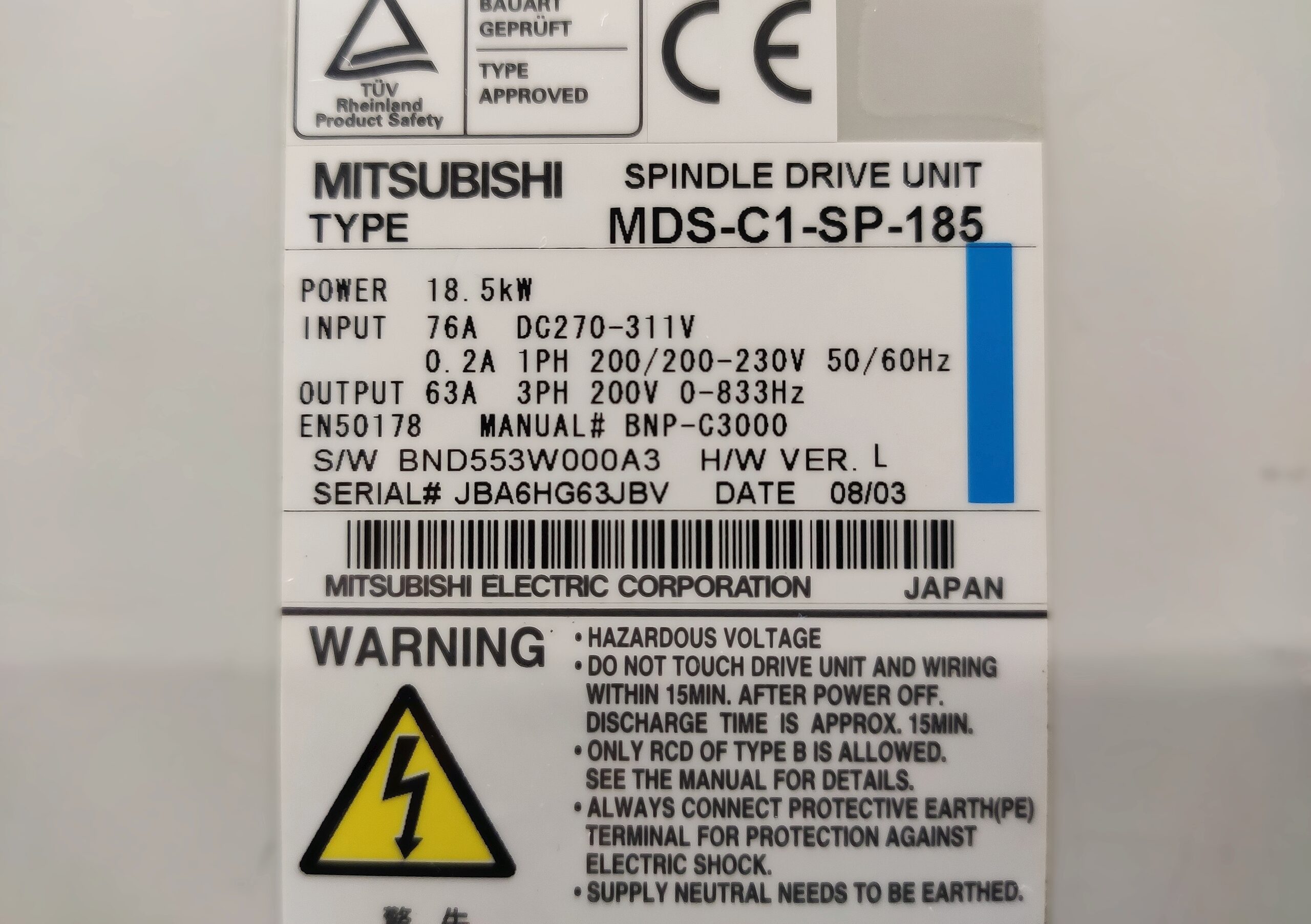Mitsubishi MDS-C1-SP-185 Spindle Drive Unit Typenschild
