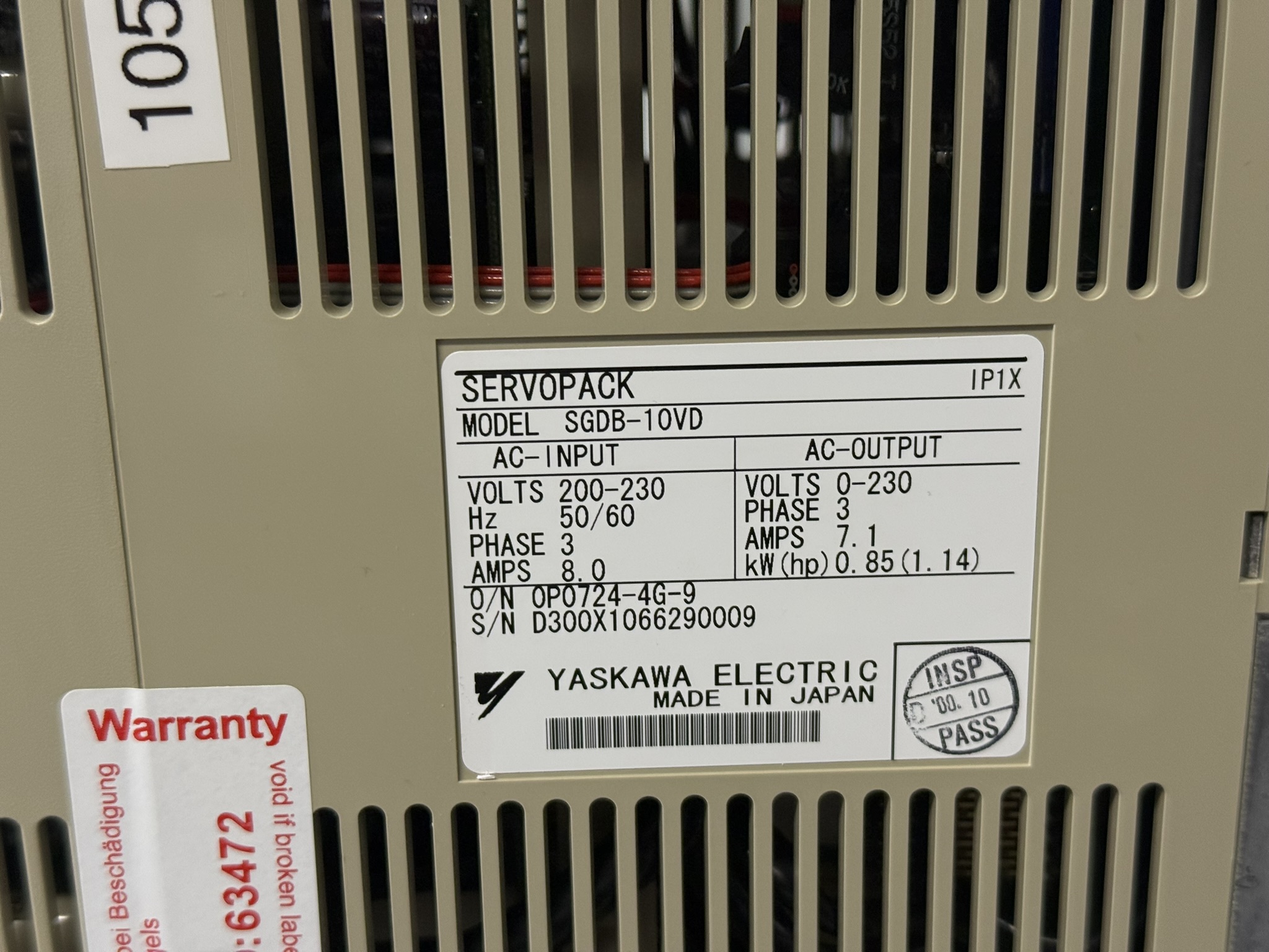 Yaskawa SGDB-10VD AC Servopack Typenschild