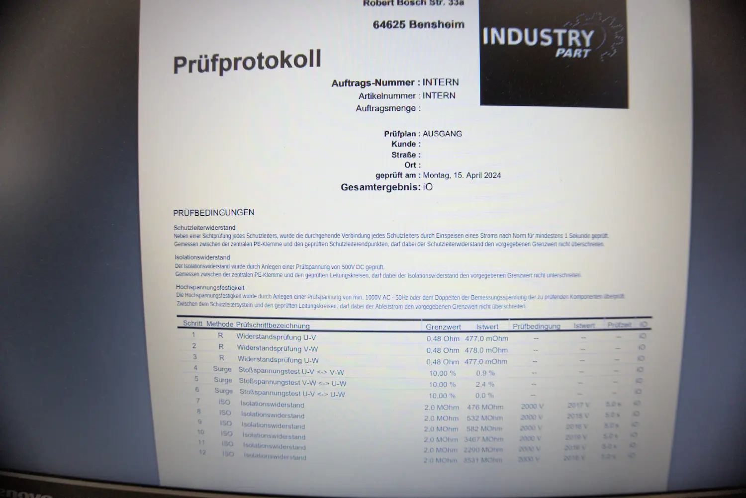 Creation of the input and output test protocol.