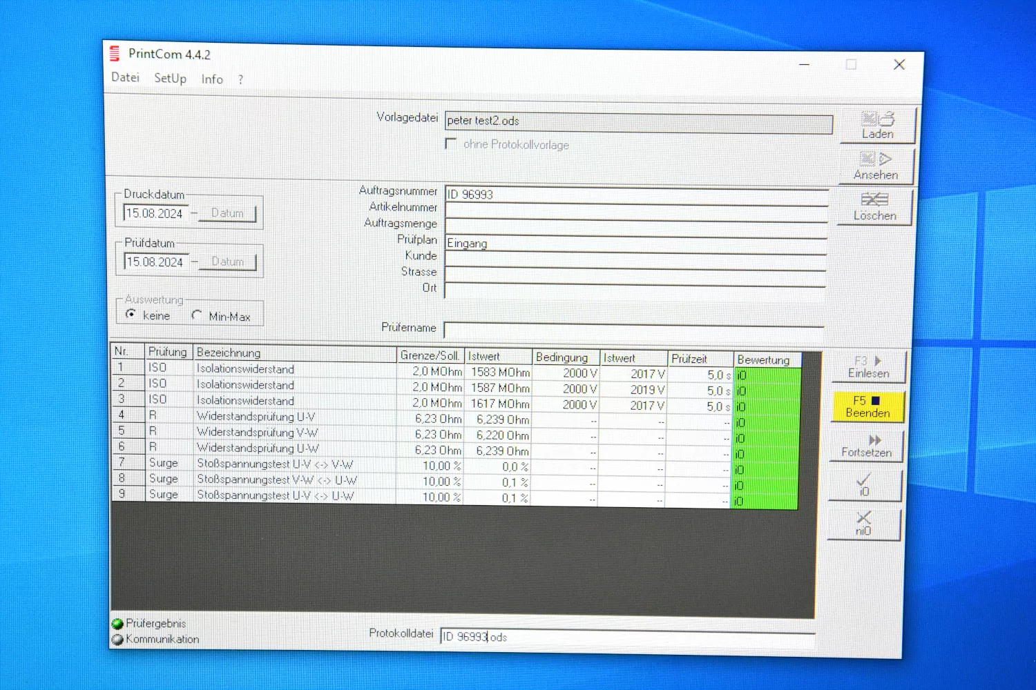 Electrical measurement data displayed in our software.